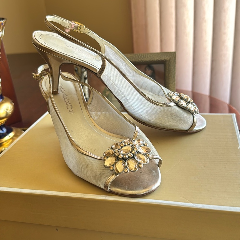 Elegant mesh, low healed evening gown shoe